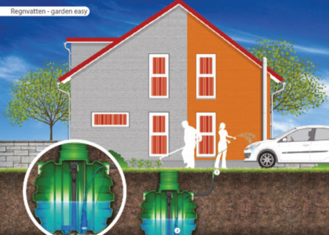 illustration av hus med nedgrävd vattentank under jorden